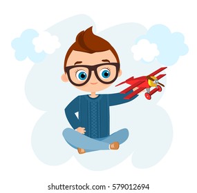 Young Boy with glasses and toy plane. Boy playing with airplane. Vector illustration eps 10 isolated on white background. Flat cartoon style