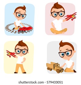 Young Boy with glasses and toy plane. Boy playing with airplane. Vector illustration eps 10 isolated on white background. Flat cartoon style.