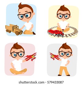 Young Boy with glasses and toy plane. Boy playing with airplane. Vector illustration eps 10 isolated on white background. Flat cartoon style.