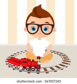 Young Boy with glasses and toy train. Boy playing with train. Vector illustration eps 10 isolated on white background. Flat cartoon style