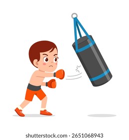 A young boy with gloves boxing a punching bag with determination and focus, cartoon style