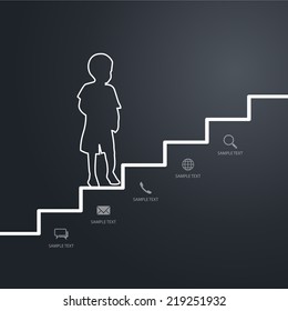 Young boy go up the stairs. Vector abstract background for template design.
