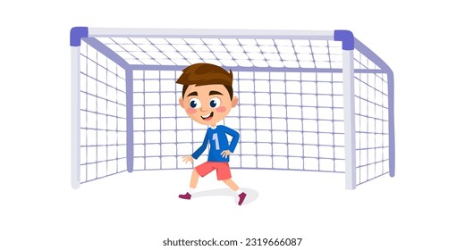 Un joven arquero aislado de fondo blanco. Niña portera practicando fútbol. Un chico lindo protegiendo el gol en un partido de fútbol. Ilustración vectorial de dibujos animados.