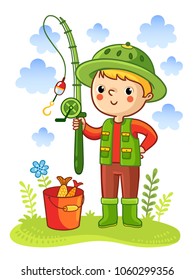 Young boy was going fishing. The child is standing with a fishing rod. Vector illustration in cartoon style of children.