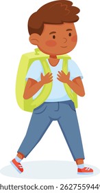 Young boy going to school carrying a backpack in a cartoon style illustration isolated on a white background, perfect for educational or back to school themes
