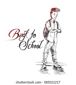 Young Boy going to school, Hand Drawn Sketch Vector Background. 