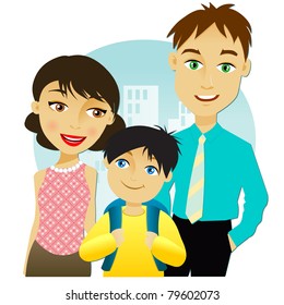Young boy going to school with his parents