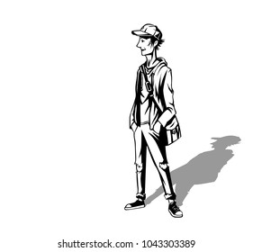 Young Boy going to school, Vector Background. 