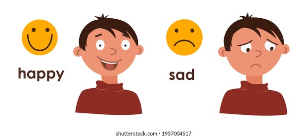 Junge Junge mit guter und schlechter Laune. Veränderung der Emotionen, Freude, Traurigkeit. Zwei Cartoon-Figuren mit unterschiedlichen Emotionen und Emotionen. Fröhlich - traurig. Antonyme. Junge ist fröhlich, fröhlich. Vektorgrafik