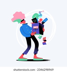 Un niño lucha para soportar el peso de un contenedor lleno de símbolos de datos personales y relacionados con la privacidad.