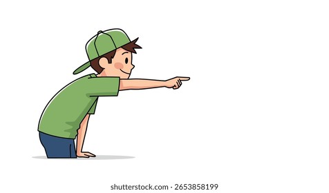 A young boy in a green hat and t shirt points to the right with enthusiasm and a smile
