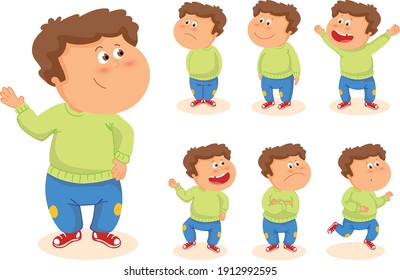 Young boy in green sweater. Set with different positions. Vector illustration isolated	