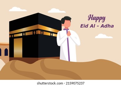 Young Boy Greeting Happy Eid Al-Adha With Holy Kabaa. Vector Illustration.