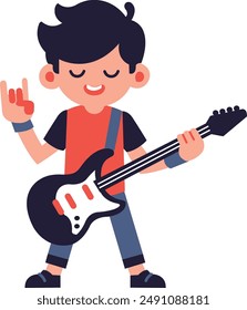 Young Boy Gitarrist Rock Musiker Flat Cartoon