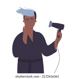 Young boy with hair dryer. Morning care routine, styling procedures vector illustration