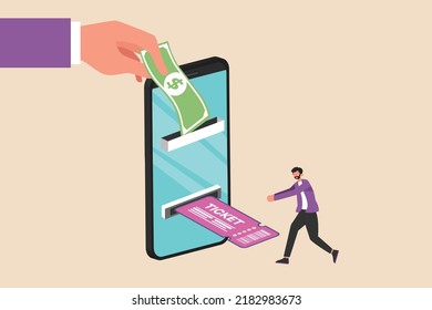 Young boy hand puts money to the currency detector that located on the mobile phone screen and gets tickets. Online ticket concept. Colored flat cartoon vector illustration.