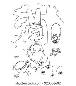 the young boy hanging upside down at tree  hand drawing cartoon outline for coloring isolated on the white background