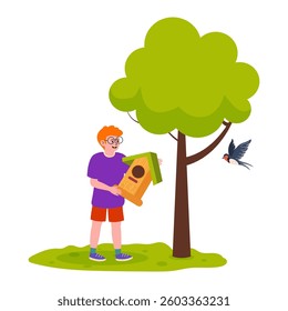 Young boy hangs birdhouse on tree while bird watches nearby during sunny afternoon