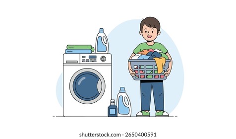 Young boy happily carrying a basket full of laundry next to washing machine with detergent bottles nearby