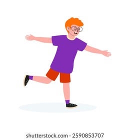 Young boy happily dancing outdoors wearing a purple shirt and red shorts