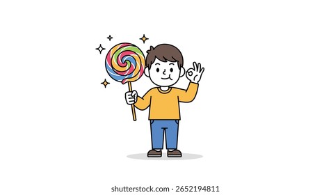 A Young Boy Happily Holds a Large Colorful Swirl Lollipop Making a Gesture of Excellence