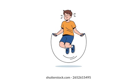 Young boy happily jumping rope in his shorts and t shirt outside on a bright sunny day enjoying physical activity