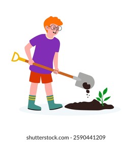 Young boy happily planting a small tree in the garden during a sunny day