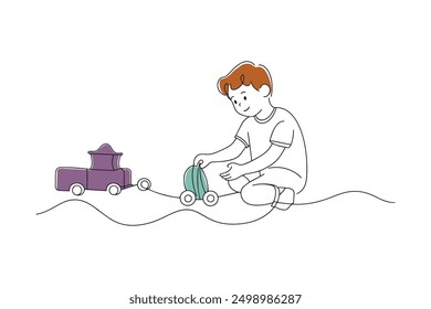 Young boy happily playing with toys on the floor Hand drawn offset fill with doodle illustration