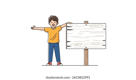 Young boy happily presenting an empty wooden signpost with outstretched arms for information sharing and announcements