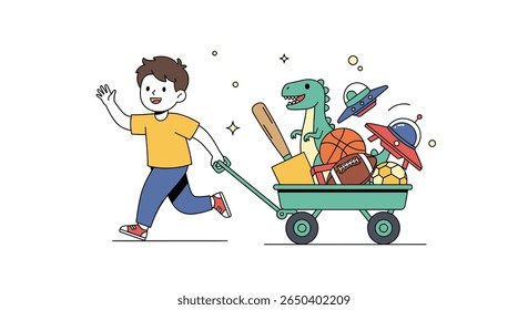 Young boy happily pulling a wagon filled with various toys and summer items for outdoor play