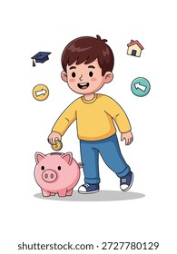 Ein kleiner Junge steckt fröhlich eine Münze in ein rosafarbenes Sparschwein, umgeben von Symbolen zukünftiger Bestrebungen wie Bildung und Hauseigentum.