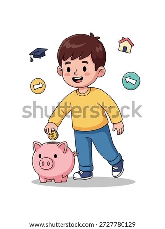 A young boy happily puts a coin into a pink piggy bank, surrounded by symbols of future aspirations like education and home ownership.