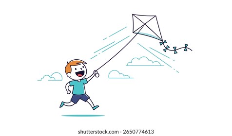 A young boy happily running outdoors flying a diamond shaped kite on a sunny day with clouds and a few people far in the distance