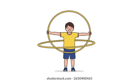 Young boy happily spinning two hula hoops around his body during a fun outdoor activity
