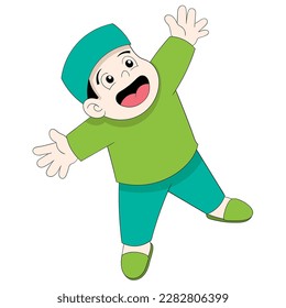un niño joven está feliz de dar la bienvenida al mes de ayuno islámico. ilustración de diseño vectorial