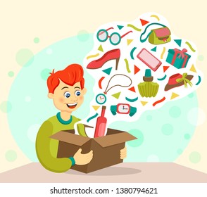 young boy has a magic box with many stuff! Vector Illustration