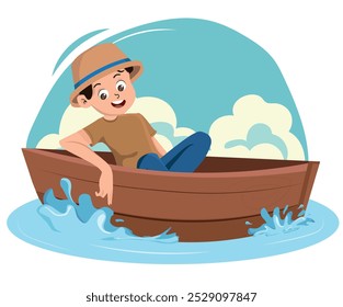 young boy in a hat enjoying the day in a little wooden boat, vector illustration.