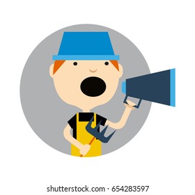 Young boy in hat with megaphone round avatar icon isolated on white background vector illustration. People pictogram in flat design.