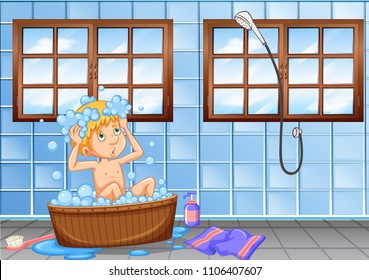 Young boy having a bath scene illustration