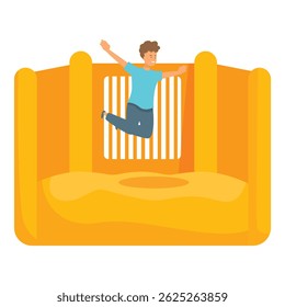 Young boy is having a blast jumping high in the air on a large inflatable bouncy house