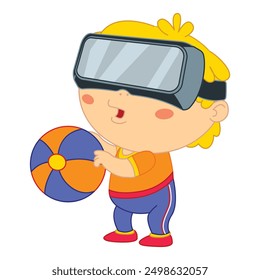El muchacho joven se está divirtiendo jugando un juego de realidad virtual, sosteniendo una pelota mientras lleva un auricular del vr