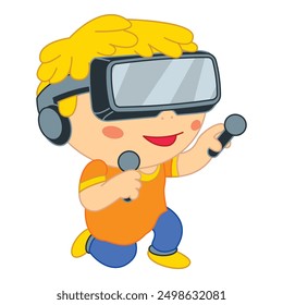 Young boy is having fun playing a virtual reality game using controllers