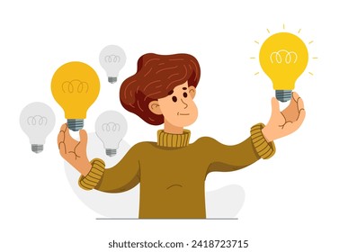 Young boy having a lot of ideas and choosing best one to solve some problem, vector illustration of a young person who is choosing between different ideas which one is working.