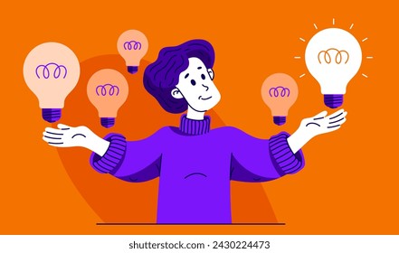 Young boy having a lot of ideas and choosing best one to solve some problem, vector illustration of a young person who is choosing between different ideas which one is working.