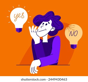 Chico joven que tiene un montón de ideas y la elección de la mejor para solucionar algún problema, Ilustración vectorial de una persona joven que está eligiendo entre diferentes ideas que uno está trabajando.