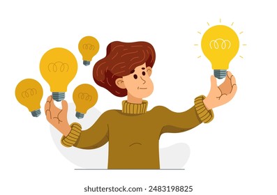 Young boy having a lot of ideas and choosing best one to solve some problem, vector illustration of a young person who is choosing between different ideas which one is working.