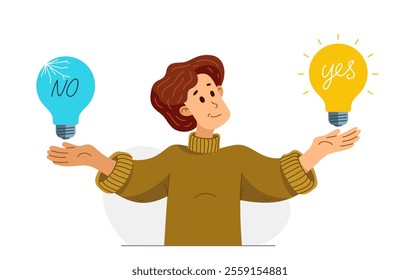 Young boy having a lot of ideas and choosing best one to solve some problem, vector illustration of a young person who is choosing between different ideas which one is working.