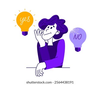 Young boy having a lot of ideas and choosing best one to solve some problem, vector illustration of a young person who is choosing between different ideas which one is working.