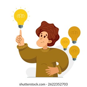 Young boy having a lot of ideas and choosing best one to solve some problem, vector illustration of a young person who is choosing between different ideas which one is working.