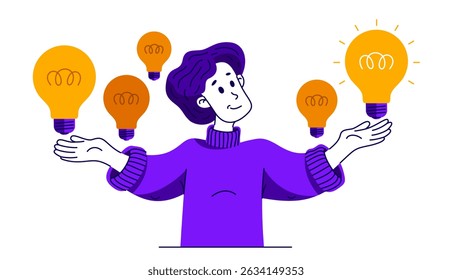 Young boy having a lot of ideas and choosing best one to solve some problem, vector illustration of a young person who is choosing between different ideas which one is working.